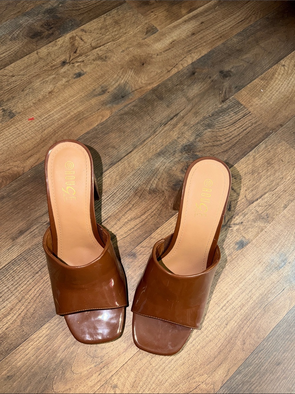 Rogue Cognac Brown Patent Leather Mule Heels